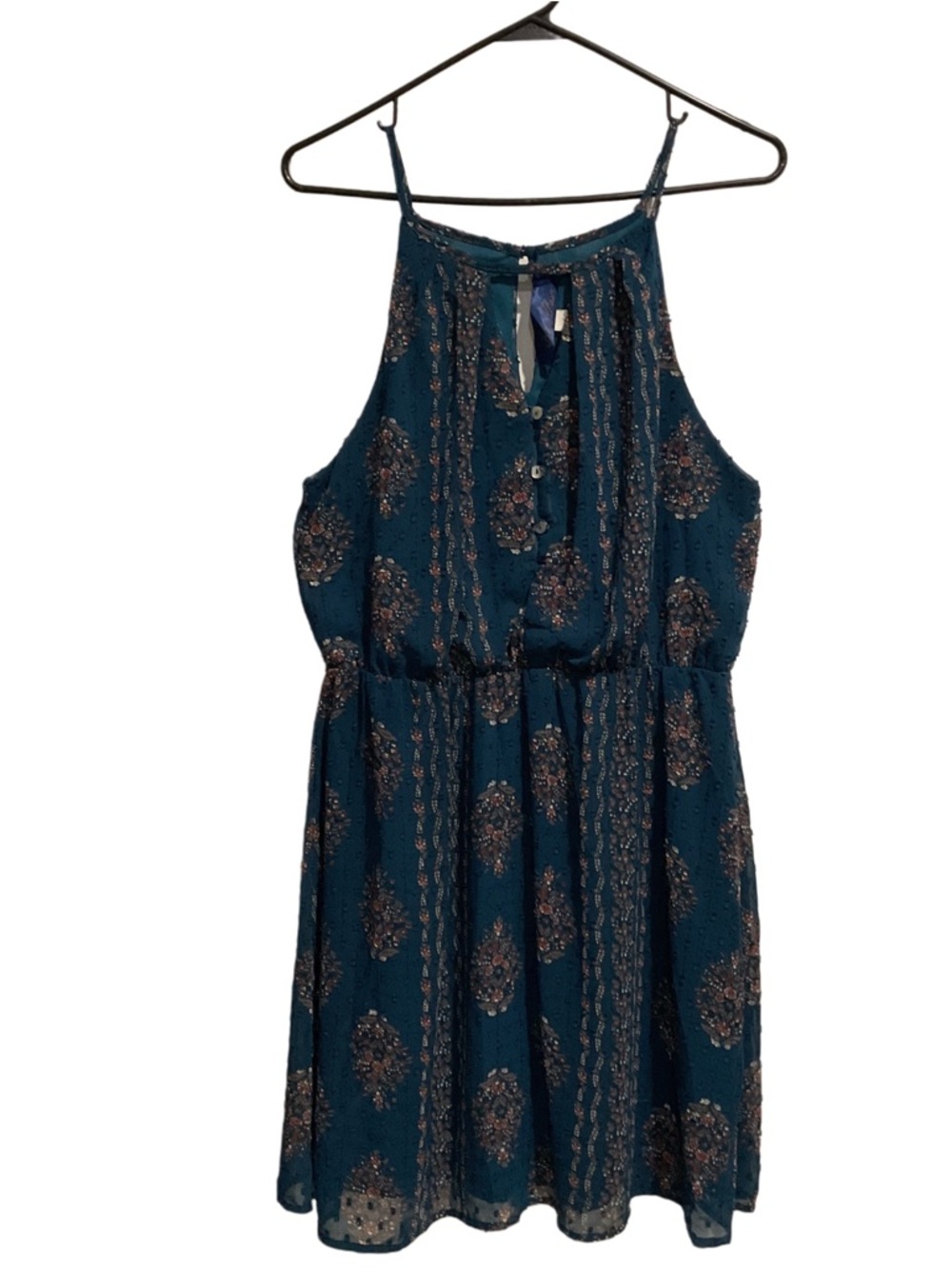 Blue Rain Floral Print Mini Dress Sleeveless Button Front Blue